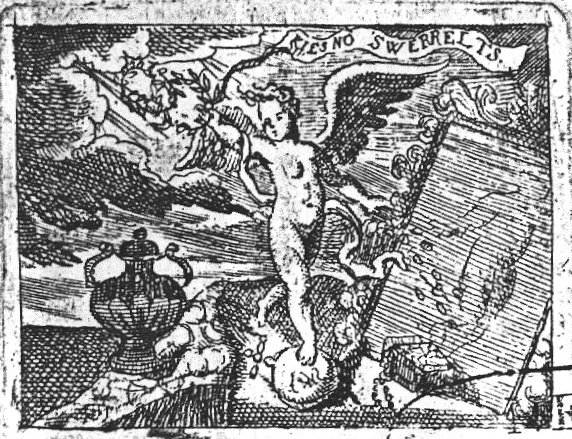 A winged boy holding a laurel wreath and standing on an orb, in front of a mirror, a jar; light shining from heaven; banderole with inscription
