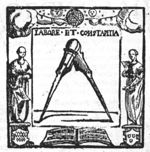 A pair of compasses framed by one hand holding (and one hand pointing at) an armillary sphere flanked by the sun and moon; female personifications(?) on either side, standing on a pedestal with coats of arms, one of which is of de Does(?); an open book with a musical score