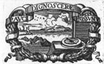 A compass; in the background a rocky coast with sailing-ships; wreath decorated with ribbon as frame; banderole with inscription
