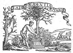 A man wearing a loincloth setting out a tree (bearing fruits) in a cask; behind him a dead tree and a tree-stump; a hilly landscape; banderole