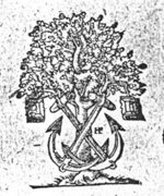 Oak-tree with a pair of anchors and a pair of books hanging from its branches