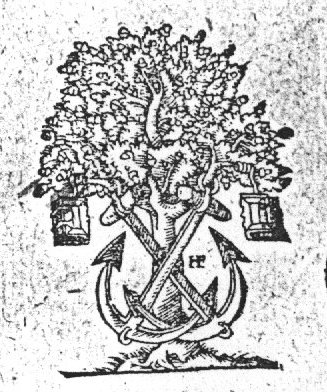 Oak-tree with a pair of anchors and a pair of books hanging from its branches