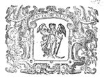 An angel holding a scythe and an open book; frame decorated with hybrid human beings holding birds; festoons