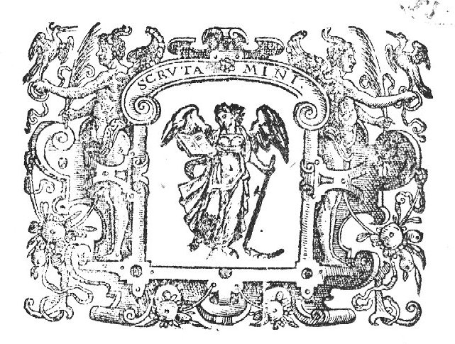 An angel holding a scythe and an open book; frame decorated with hybrid human beings holding birds; festoons