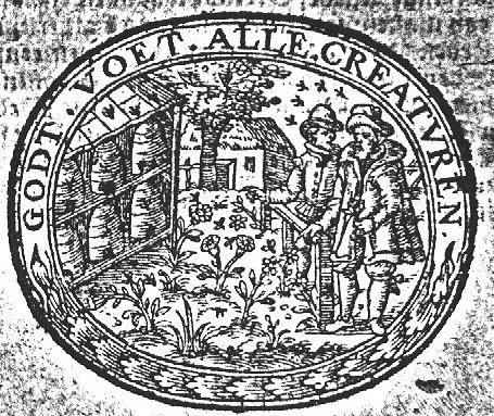 A conversation of two men, one of whom is holding a flower, behind a low fence, opposite a barn with bee-hives; farmhouse; frame consisting of an inscribed banderole and a floral pattern