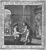 Esau, hungry from the hunt, sits at a table and shakes hands with Jacob to confirm the selling of his birthright; Jacob is handing him a pottage of lentils; in the background: Jacob preparing the meal?