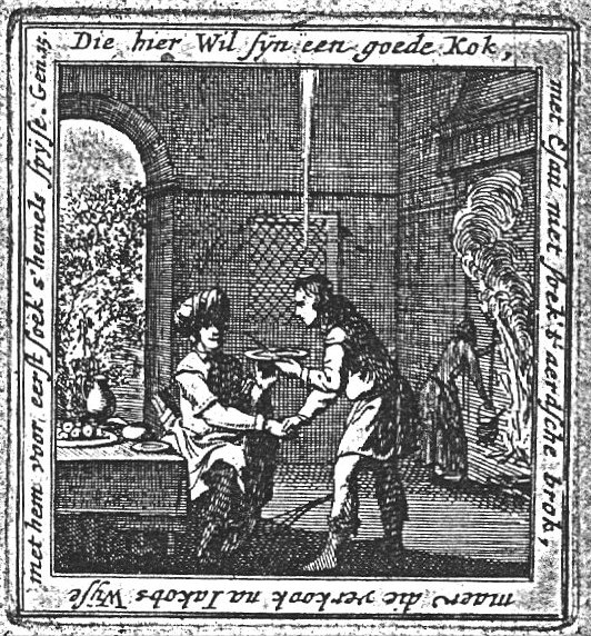 Esau, hungry from the hunt, sits at a table and shakes hands with Jacob to confirm the selling of his birthright; Jacob is handing him a pottage of lentils; in the background: Jacob preparing the meal?