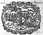 A group of women, walking in row; landscape with buildings; ornamental frame