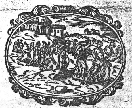 A group of women, walking in row; landscape with buildings; ornamental frame