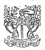 Hand holding compasses in front of an anchor; cornucopiae and banderole with inscription