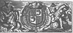 Crowned coat of arms with fleur-de-lis and dolphins (French: 'dauphin'); cupids riding dolphins frame the arms
