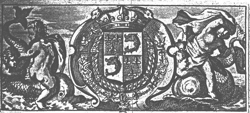 Crowned coat of arms with fleur-de-lis and dolphins (French: 'dauphin'); cupids riding dolphins frame the arms
