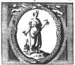 A woman with a flame on her head, holding a hammer in one hand and a square in the other; a crane with a stone in its paw is standing next to her; frame with a laurel wreath and inscribed banderole