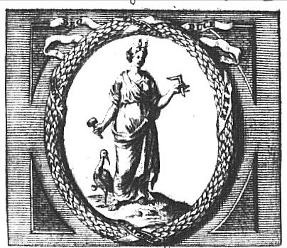 A woman with a flame on her head, holding a hammer in one hand and a square in the other; a crane with a stone in its paw is standing next to her; frame with a laurel wreath and inscribed banderole