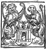 Two heraldic lions holding the coat of arms of Kampen
