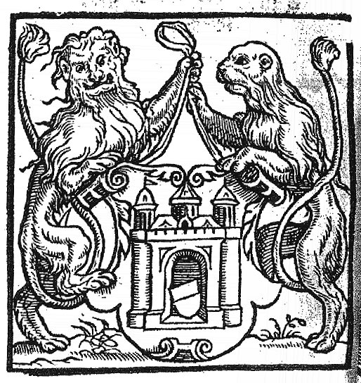 Two heraldic lions holding the coat of arms of Kampen