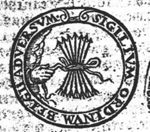 A hand from the clouds holding seven arrows with a ribbon
