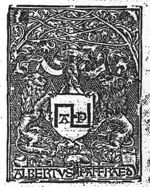 Two heraldic lions holding a shield, hanging from a tree, with 'Hausmarke' and the initials "A.P."; two banderoles with inscription; flowering branches intertwine across the tree
