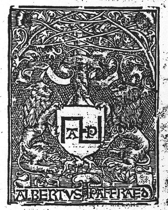 Two heraldic lions holding a shield, hanging from a tree, with 'Hausmarke' and the initials "A.P."; two banderoles with inscription; flowering branches intertwine across the tree