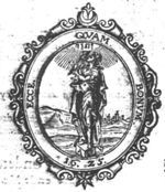 A woman with a bird on each hand, looking upward at a Jahweh-tetragram, standing on a cubical stone inscribed with an alpha and omega; hills; frame decorated with moon and star