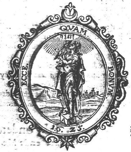 A woman with a bird on each hand, looking upward at a Jahweh-tetragram, standing on a cubical stone inscribed with an alpha and omega; hills; frame decorated with moon and star