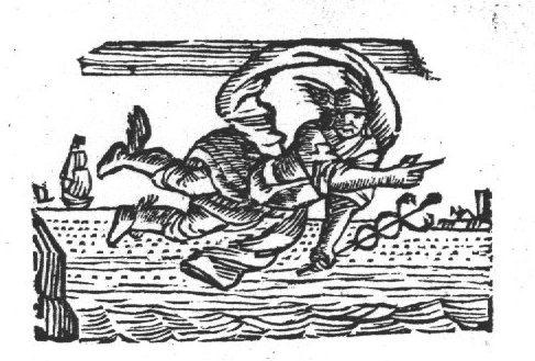 Mercury (with Petasus, Caduceus and winged sandals) flying above a waterscape