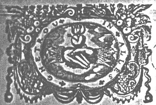 Shaking hands, 'dextrarum junctio', with a flaming heart, pierced by an arrow; frame decorated with festoons