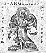 An angel wearing a crown and holding a palm-branch