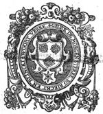 Coat of arms(?) with three rosettes and a star; frame decorated with hybrid human figures and festoons