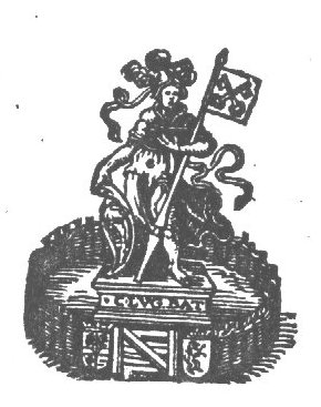 Minerva (Aegis, helmet, lance with the coat of arms of Leiden) holding an open book, standing on a pedestal within a closed garden (Minerva as patroness of the University of Leiden)