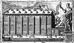 The 'Academiegebouw' of Leiden University; a statue of a standing woman holding an armillary sphere in one hand and a smaller statue (representing a person holding a banderole) in the other hand