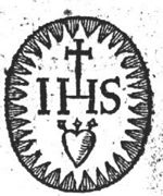 IHS monogram with cross on top of it, a heart with three nails below it, encircled by a radiance