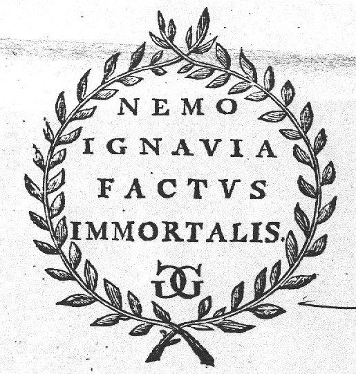 Laurel wreath with inscription and initials "D.G"(?)