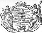 Sun rising (or setting) over a friendly landscape: a meadow with trees, with a shepherd and his flock, a brook with swans; frame decorated with Charity (a woman with two children) and Faith (a woman with an open book and a cross and chalice); a small shield with joined hands and a flaming heart at the top and a shield with 'Hausmarke' and initials "A.I.V.B." at the bottom of the frame