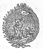 A man spading, in a landscape; Jahweh-tetragram; a laurel-branch and a palm-branch as frame