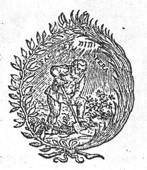 A man spading, in a landscape; Jahweh-tetragram; a laurel-branch and a palm-branch as frame