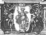 Minerva (helmet, lance, a shield with a book, owl) on a cartouche with scrollwork, framed by ribbons and festoons of fruit