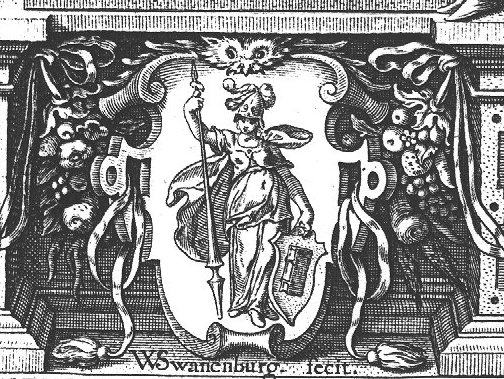 Minerva (helmet, lance, a shield with a book, owl) on a cartouche with scrollwork, framed by ribbons and festoons of fruit