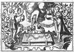 Hand from the clouds holding compasses, encircled by an inscribed banderole, on a book; personifications of Labour (young man with agricultural attributes, and holding a branch) and Constancy (woman with a cross, her legs over a stone, also holding a branch)