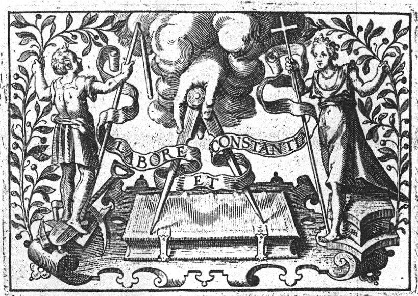 Hand from the clouds holding compasses, encircled by an inscribed banderole, on a book; personifications of Labour (young man with agricultural attributes, and holding a branch) and Constancy (woman with a cross, her legs over a stone, also holding a branch)