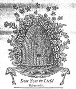 Bee-hive overgrown by a flowering sweet-brier (eglatine), encircled by a swarm of bees; the hive rests on a turtle (allusion to Samuel Coster) which is carried by an ornamental support (incompletely printed)