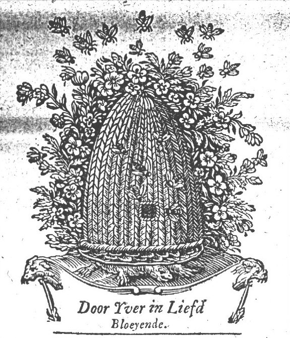 Bee-hive overgrown by a flowering sweet-brier (eglatine), encircled by a swarm of bees; the hive rests on a turtle (allusion to Samuel Coster) which is carried by an ornamental support (incompletely printed)