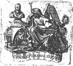 A sitting man with books (scientist, philosopher?), surrounded by the following items: Aegis, books, globe, bust, burning lamp, sphinx
