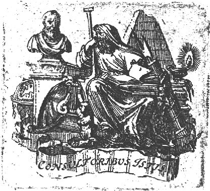 A sitting man with books (scientist, philosopher?), surrounded by the following items: Aegis, books, globe, bust, burning lamp, sphinx