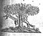 Bees attacking a wolf searching for honey from a tree; banderole
