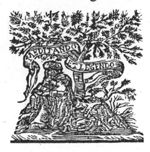Old man sitting on the ground below a tree, reading; beside him on the ground: an armillary sphere, a quadrant, an ink-well and a quill, an open book, and a Jacob's staff; banderole