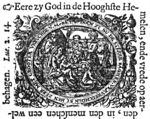 The adoration of the kings: the Wise Men present their gifts kneeling in front of Mary, Joseph and the Christ-child; the star of Bethlehem in the sky, a man in contemporary costume in the background; frame decorated with vases and festoons