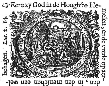The adoration of the kings: the Wise Men present their gifts kneeling in front of Mary, Joseph and the Christ-child; the star of Bethlehem in the sky, a man in contemporary costume in the background; frame decorated with vases and festoons