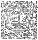A sceptre on a pedestal flanked by crows; frame decorated with two women stretching their hand toward a ram's head; cherub