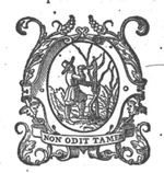 A man cutting a branch from a tree with a knife; frame decorated with foliage, banderole with inscription